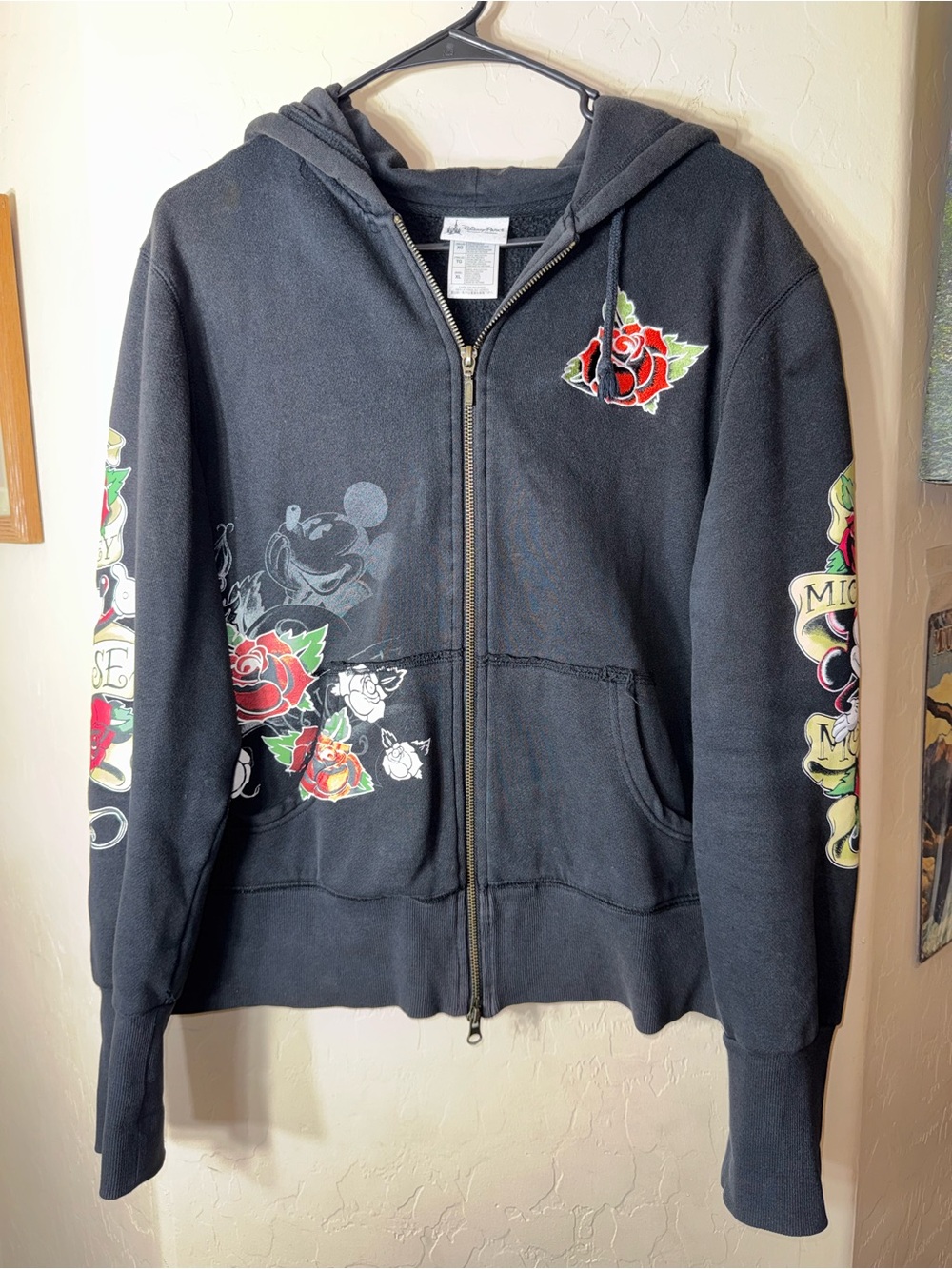 Disney Parks Mickey Mouse Tattoo Rose Zip Hoodie Black Embroidered XL Y2K Gothic